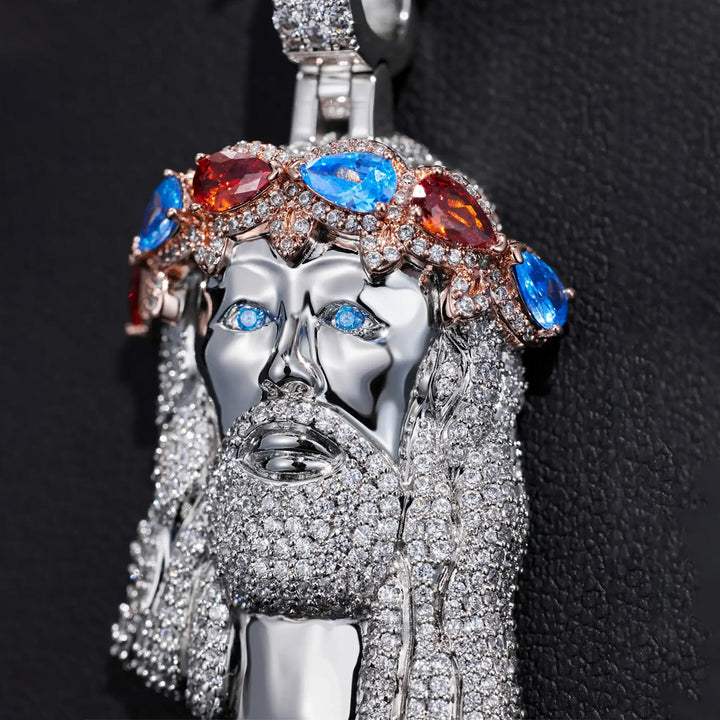Silver Gemstone Crown Jesus Necklace