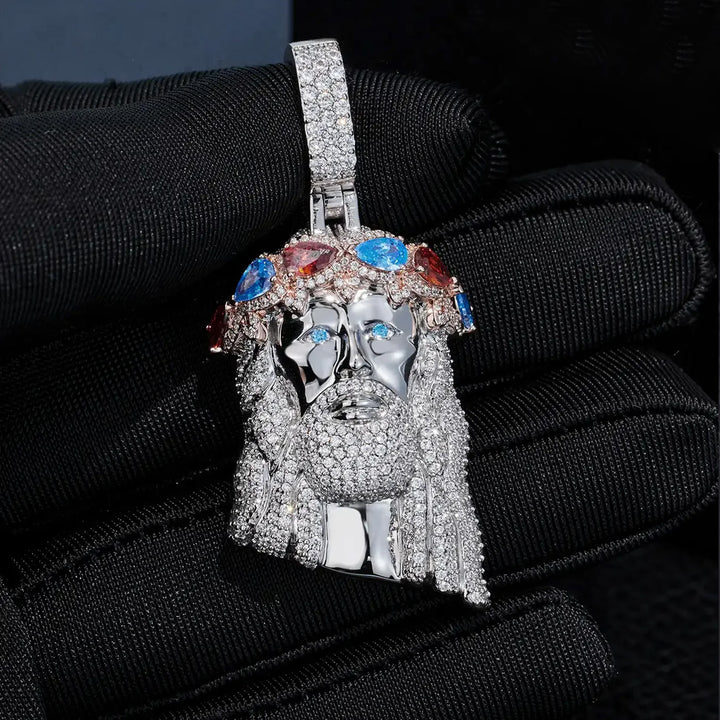 Silver Gemstone Crown Jesus Necklace