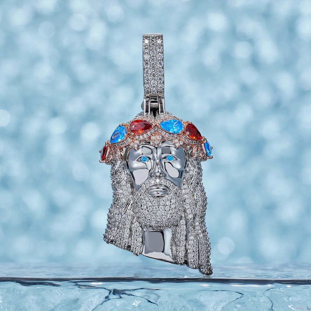 Silver Gemstone Crown Jesus Necklace